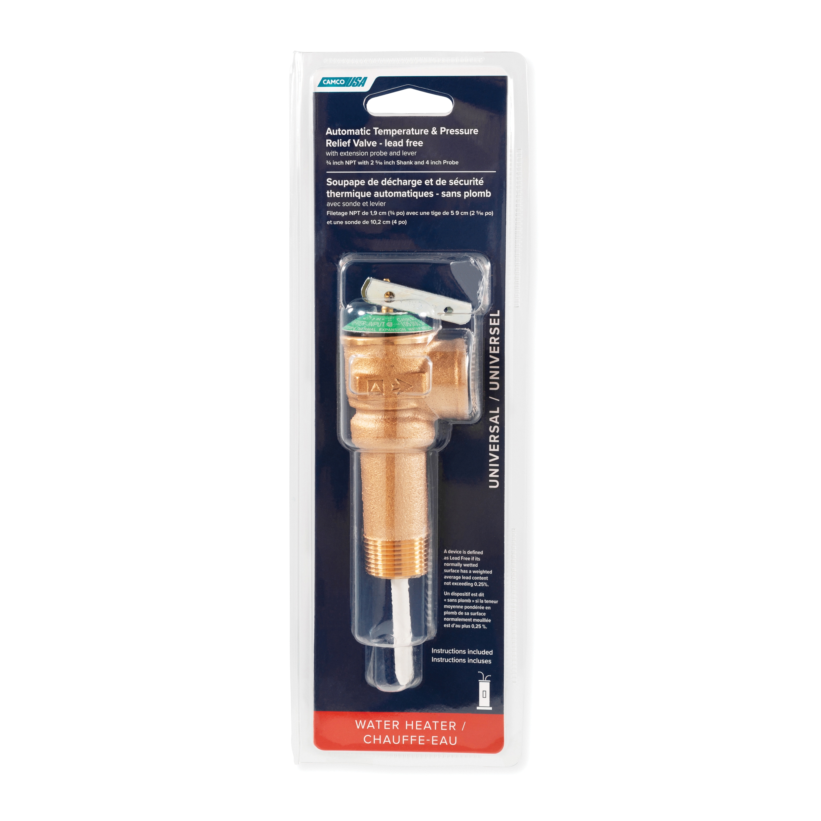 Camco 10453 Temperature and Pressure Relief Valve With 2-1/2 in L Shank, For Use With Water Heaters, 3/4 in NPT, 150 psi and 210 deg, Domestic